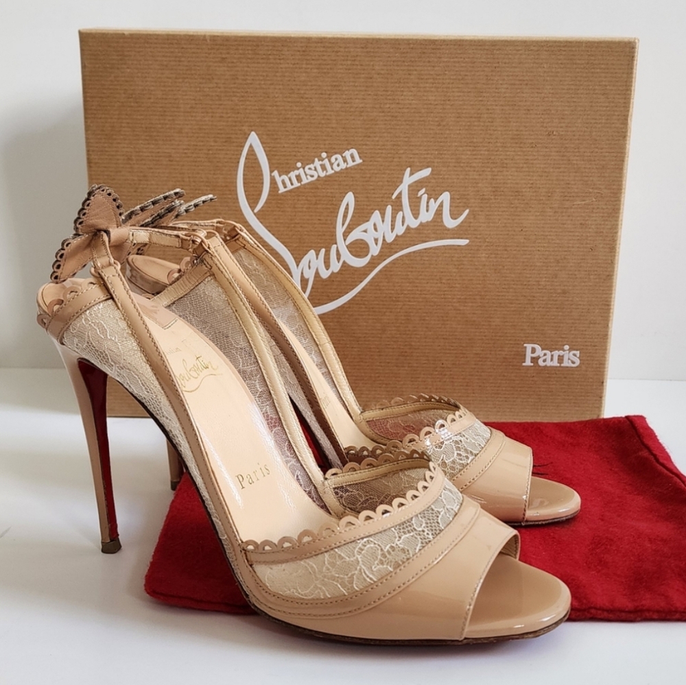 CHRISTIAN LOUBOUTIN HOT SPRING 100CM CHANTILLY PATENT BEIGE SANDALS HEELS 38 7.5